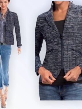 CAbi Navy and Gray Tweed Zip-Front Blazer